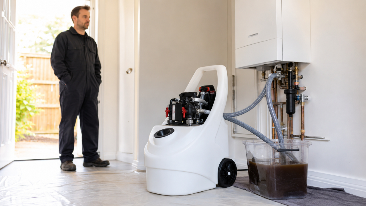 How long does a power flush take: a power flush underway on a London central heating system