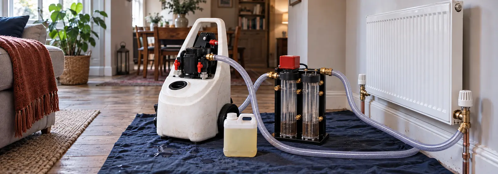Power flush and central heating cleaning equipment set up in a London home